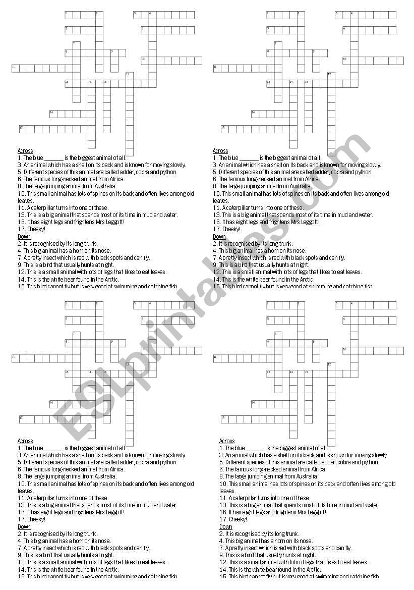 Animal Vocabulary Crossword worksheet