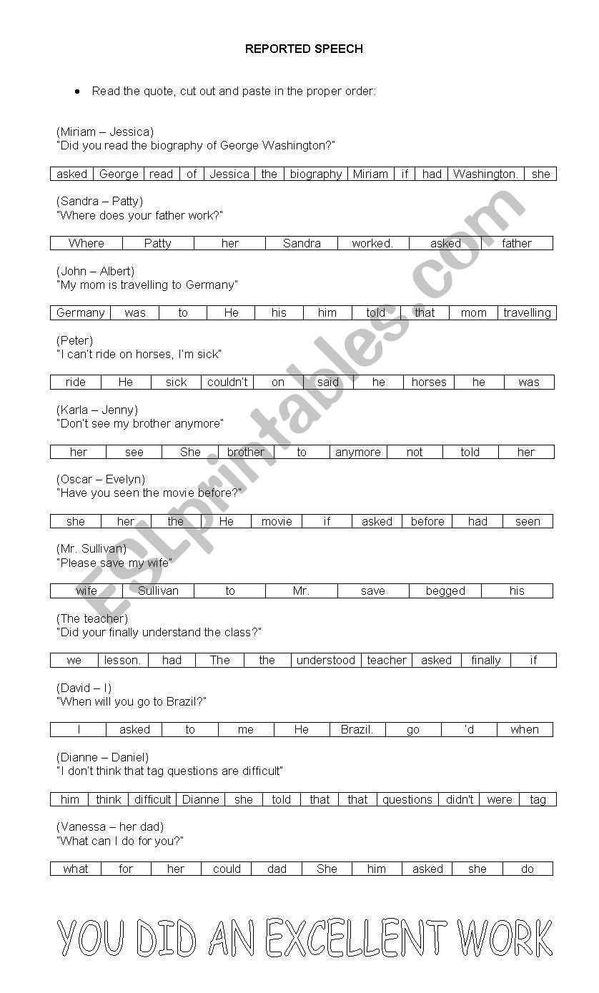 cutouts of reported speech worksheet
