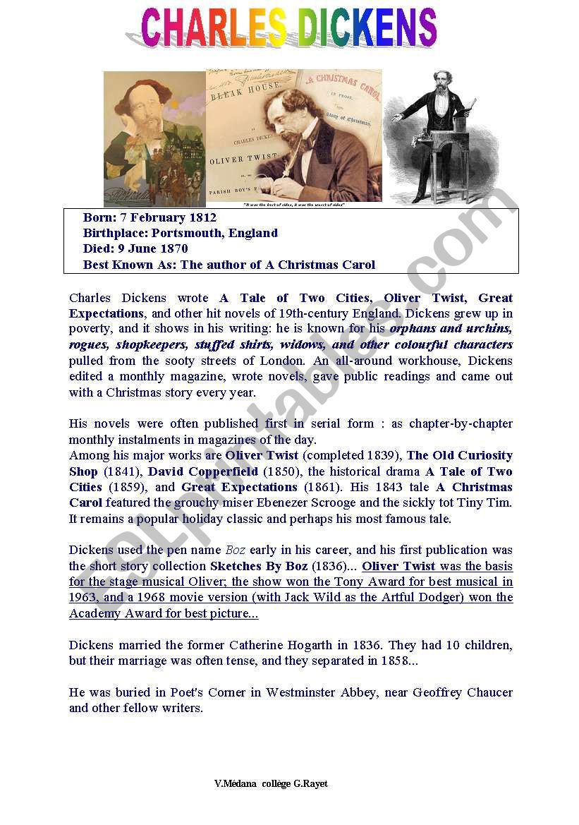 12 Charles Dickens English ESL worksheets pdf  doc