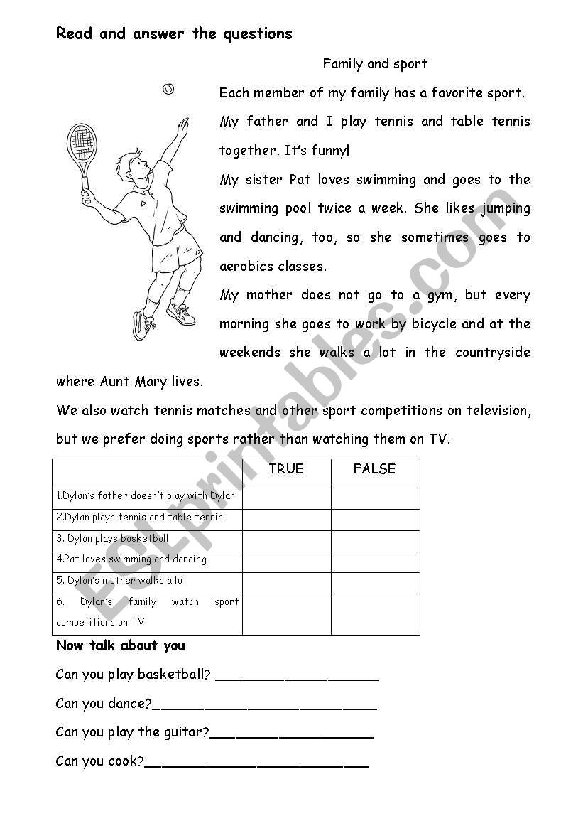 Family and sport worksheet