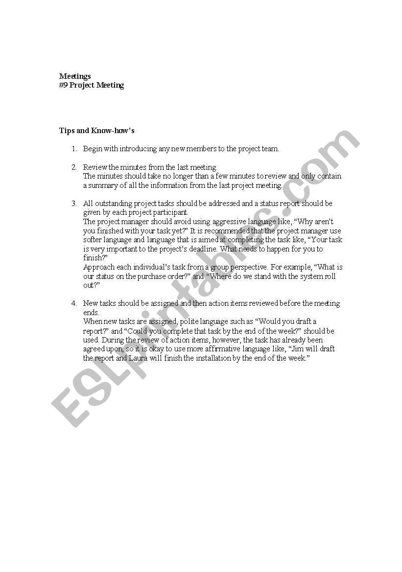 Project Meeting Dialogue worksheet