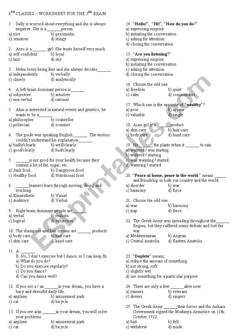 8.Grade Worksheet for third exam