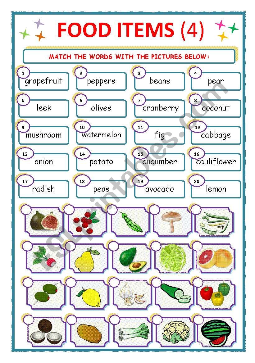 FOOD ITEMS - MATCH - Part 4 worksheet