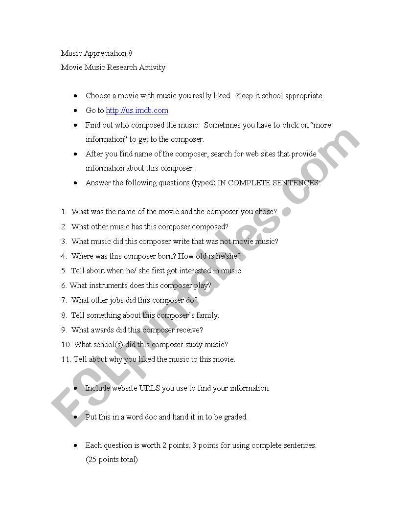 Movie Music Project worksheet