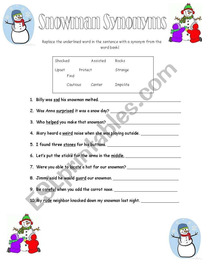 Snowman Synonyms worksheet