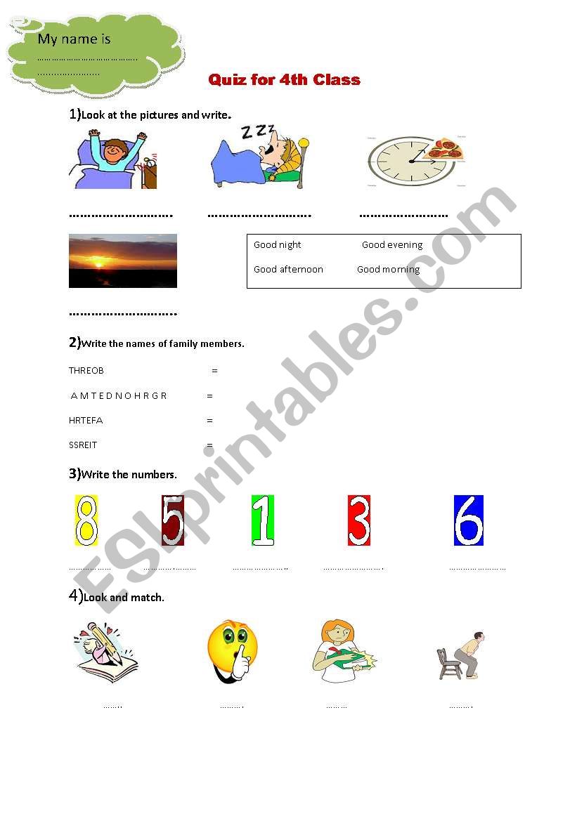 quiz 4 4th class worksheet