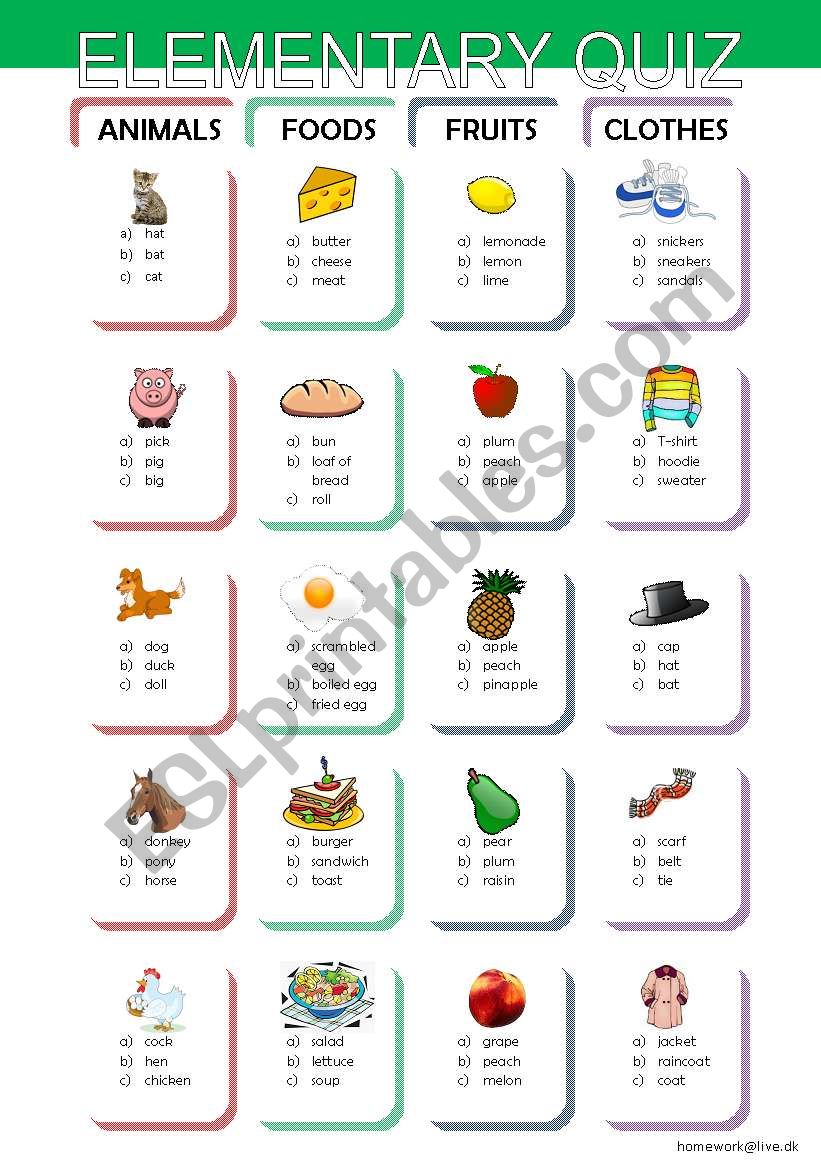 Elementary Quiz #2 worksheet