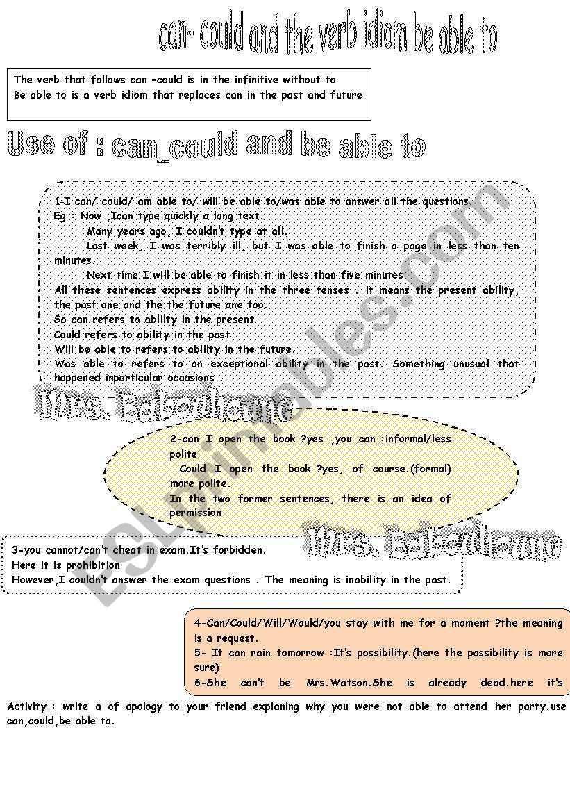 can,could be able to worksheet