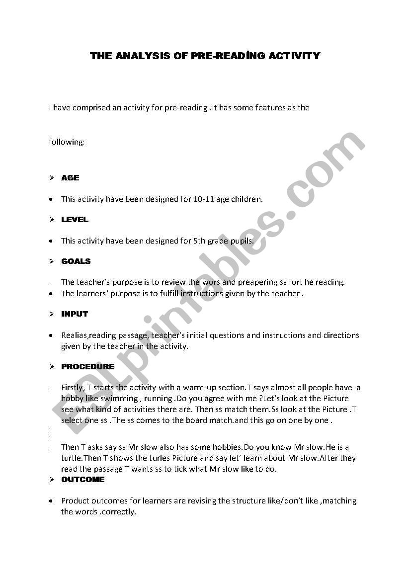PRE-READNG worksheet