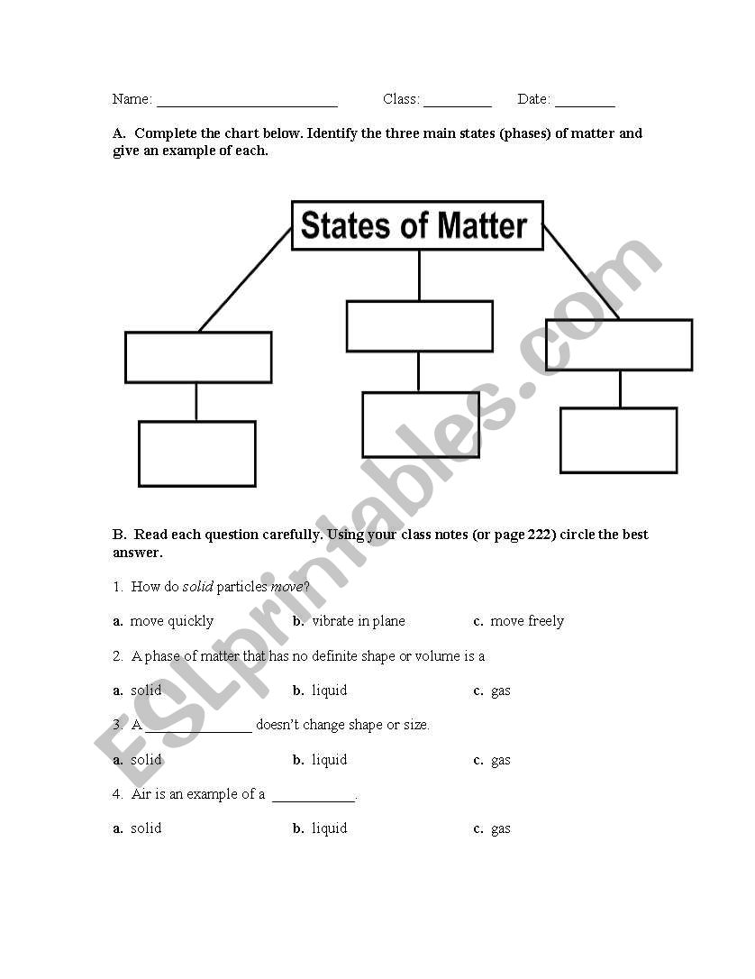 English worksheets: states of matter In Three States Of Matter Worksheet