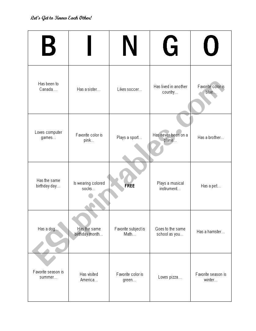 Getting to Know you Bingo worksheet