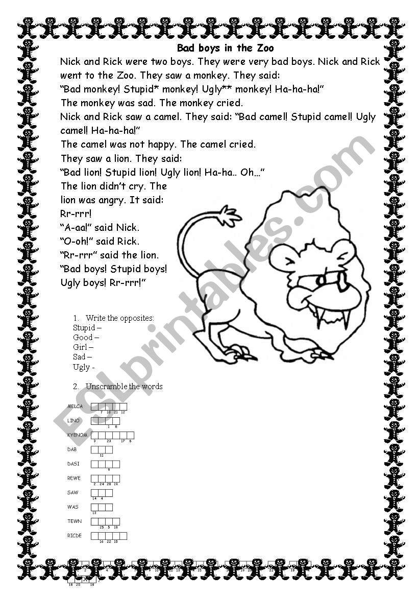 Bad boys in the zoo worksheet