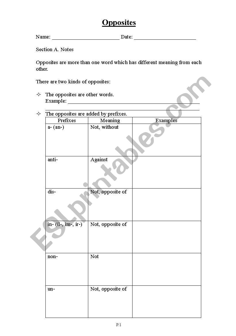 Opposites worksheet