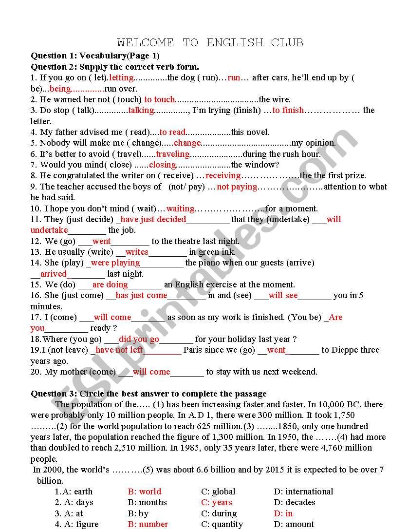 English club worksheet