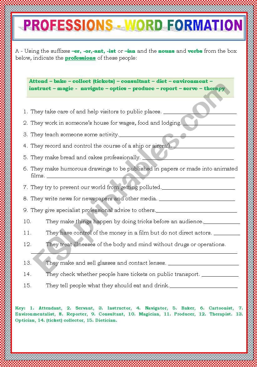 PROFESSIONS - WORD FORMATION worksheet