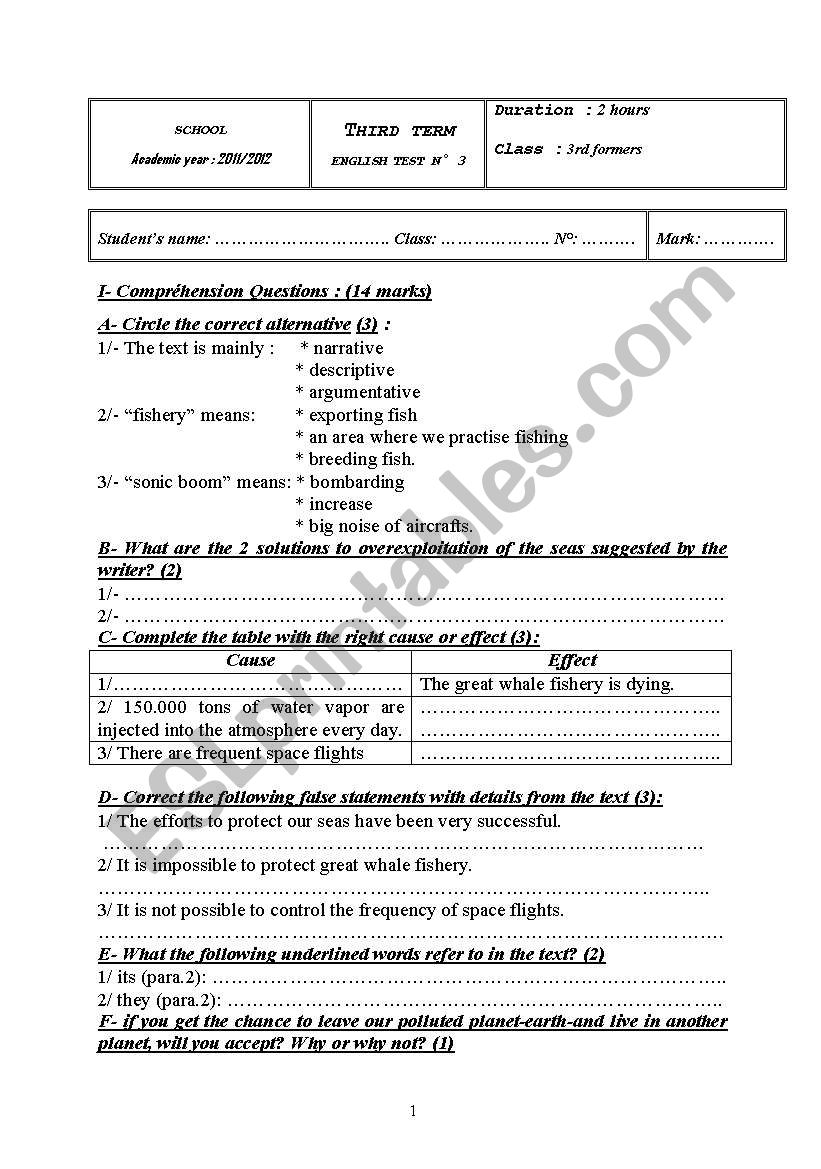 full term test 3rd form worksheet