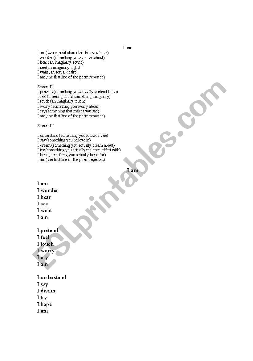THE I AM POEM (Make a poem) worksheet
