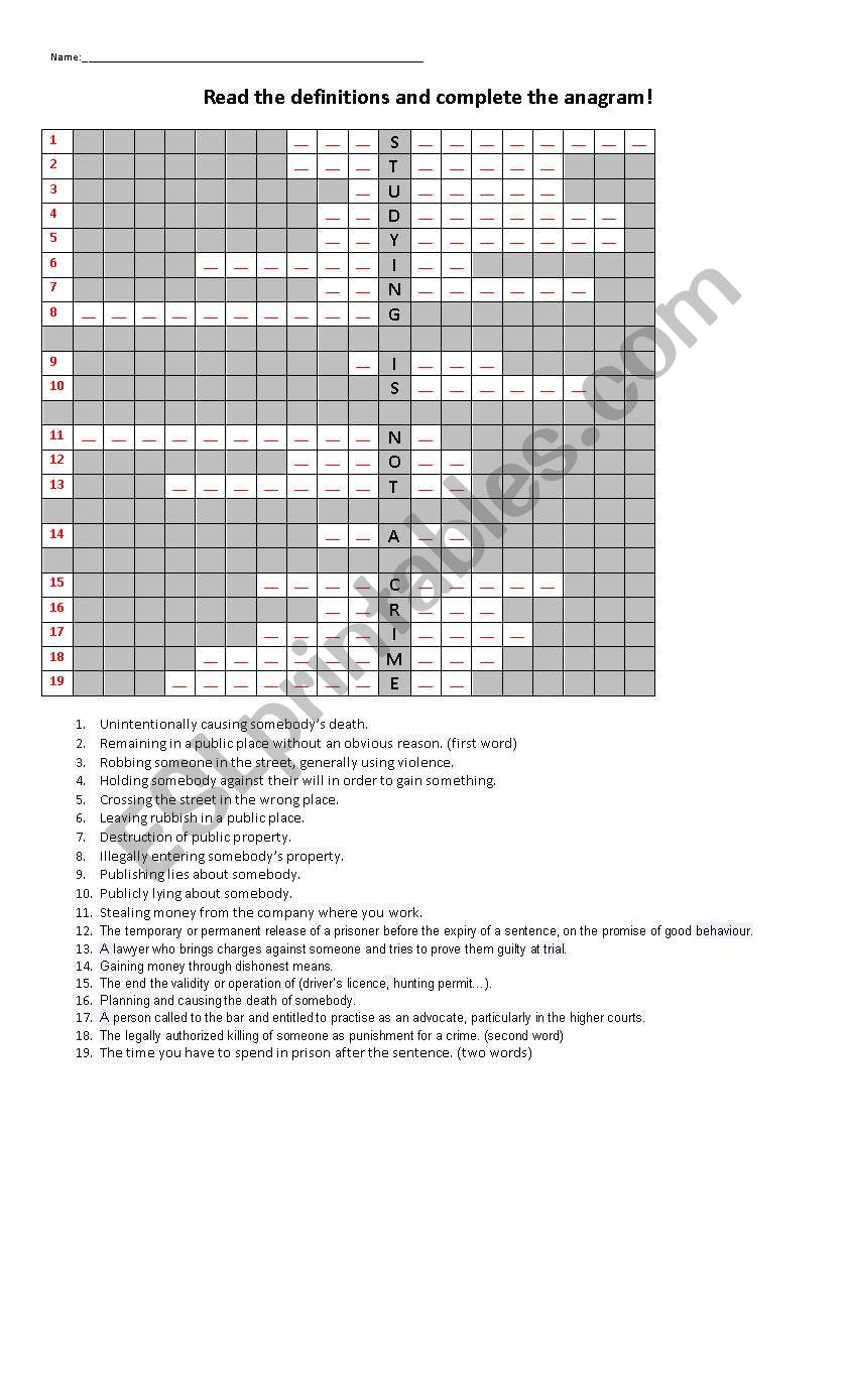 crime crossword worksheet