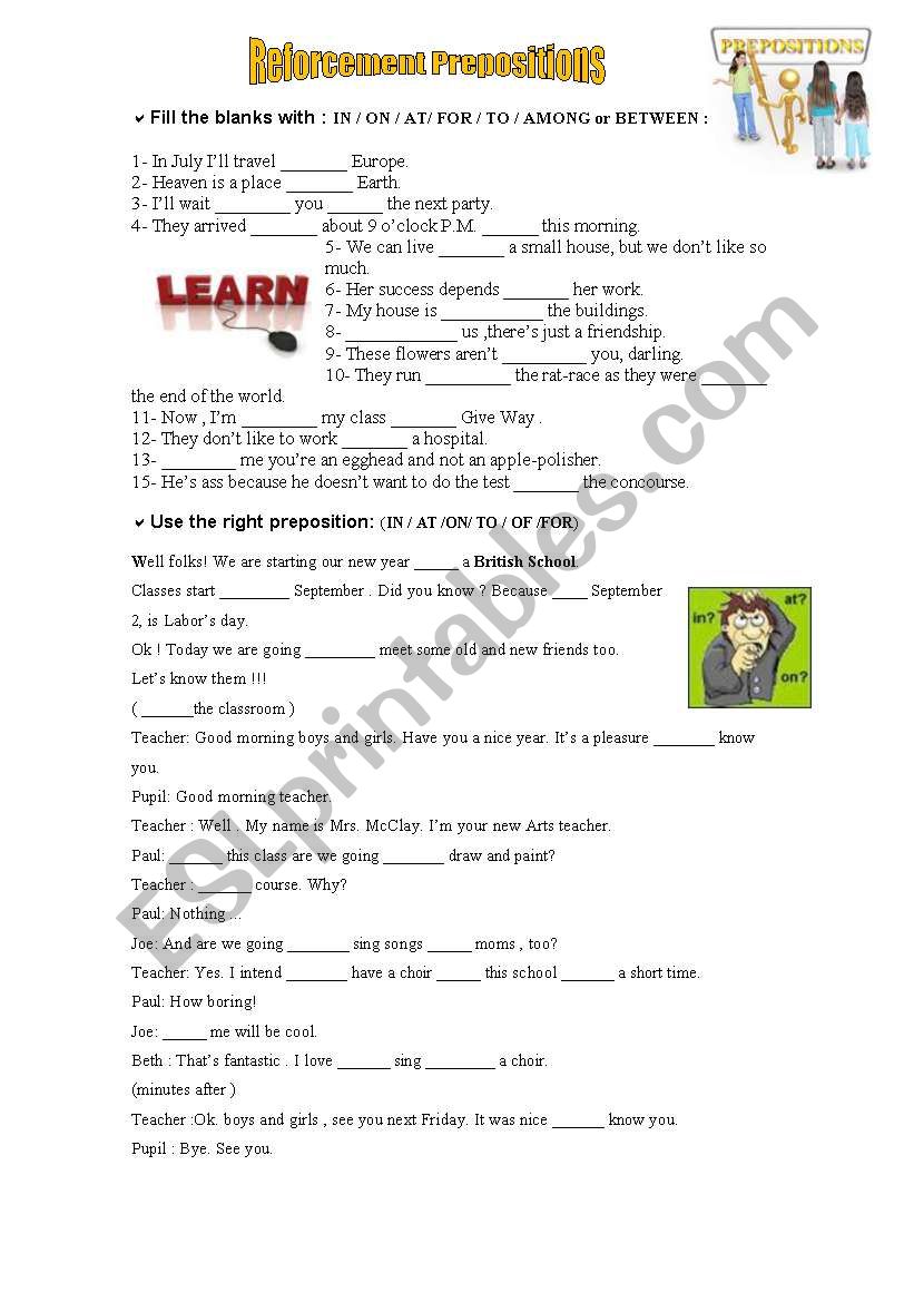 Prepositons Reforcement worksheet