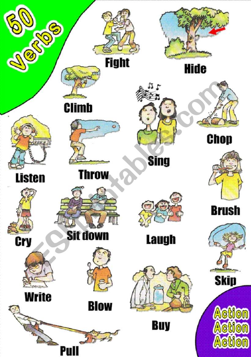 50 VERBS PICTIONARY. WOW! (6) 3 WORKSHEETS