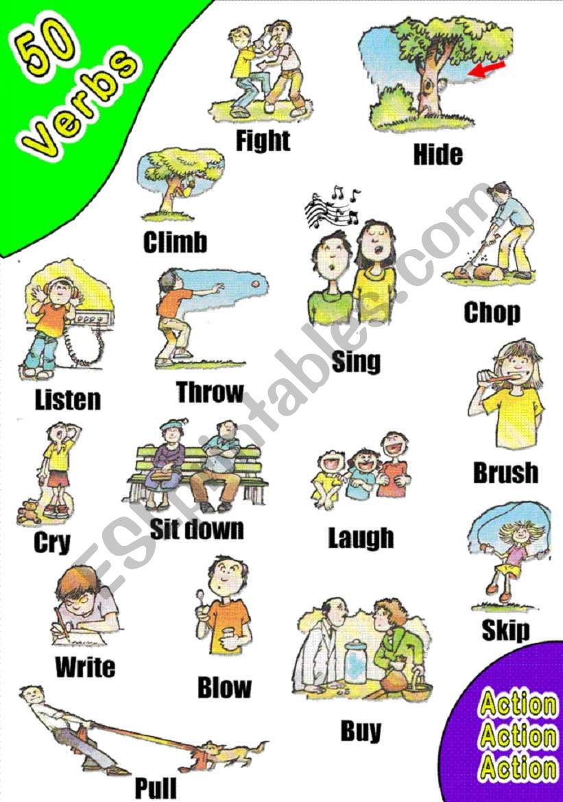 50 VERBS PICTIONARY. WOW! (6) 3 WORKSHEETS
