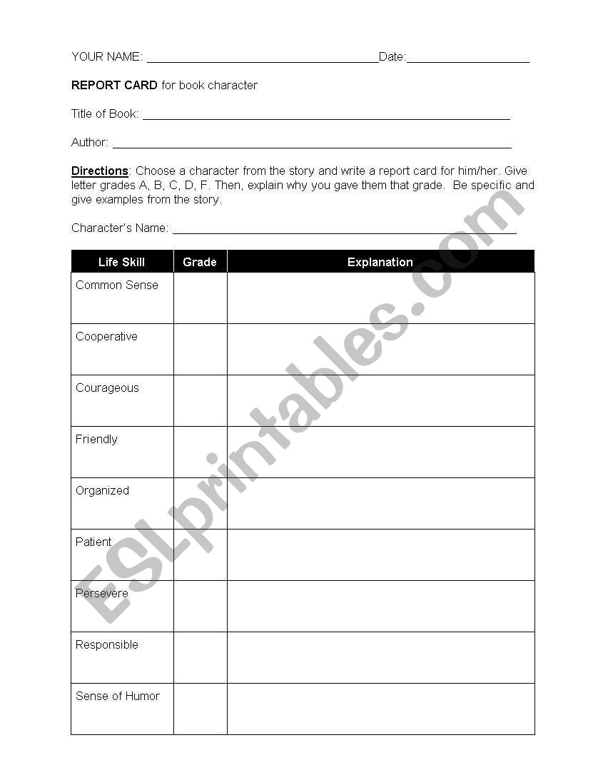 character report card worksheet
