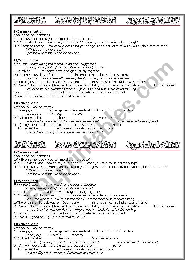 Quiz on Units 1/2/3 on Moroccan syllabus