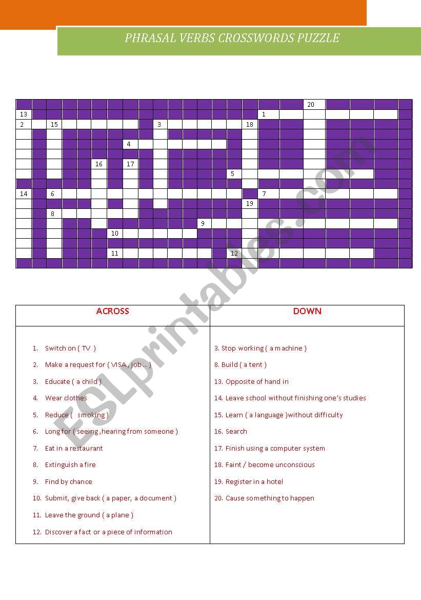 PHRASAL VERBS CROSSWORDS PUZZLE