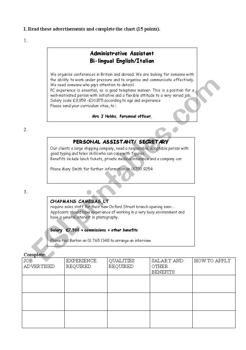 jobs worksheet