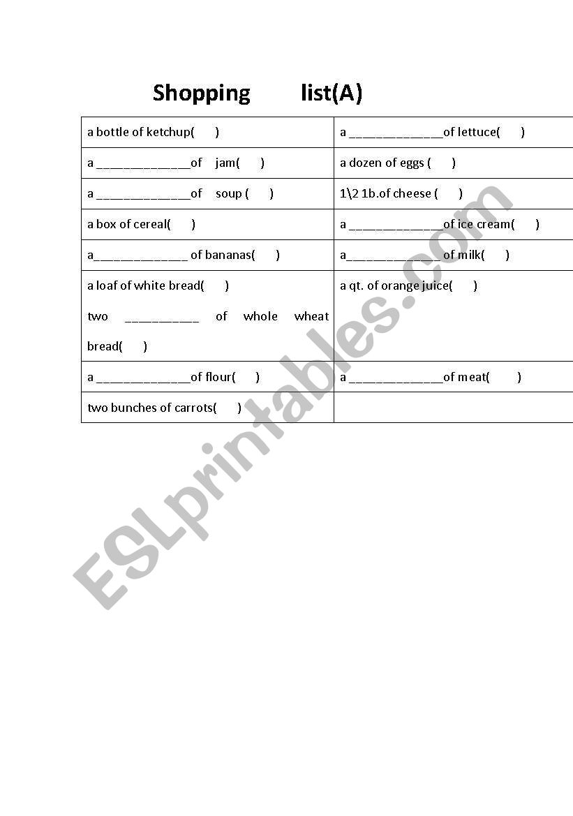 food worksheet