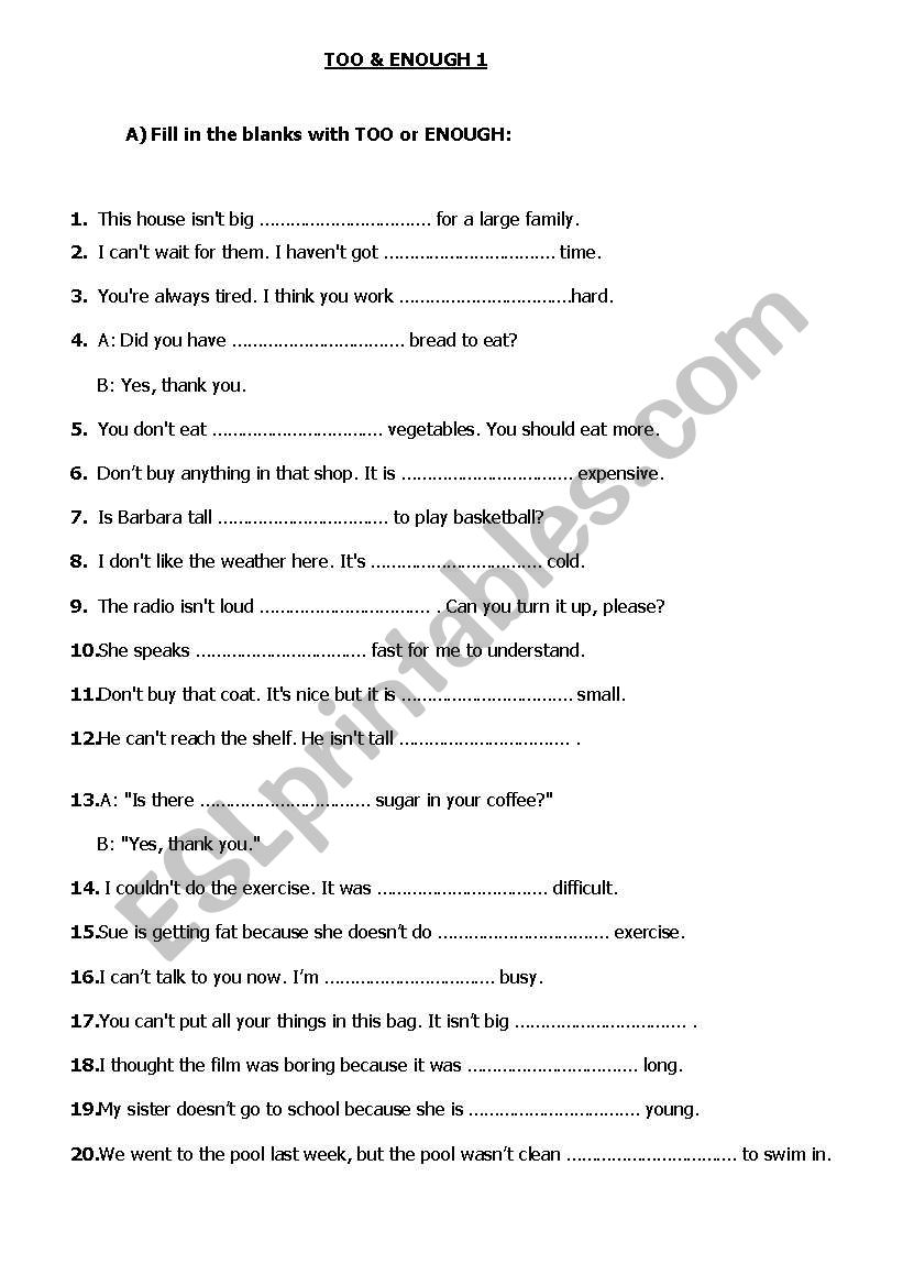 TOO & ENOUGH worksheet