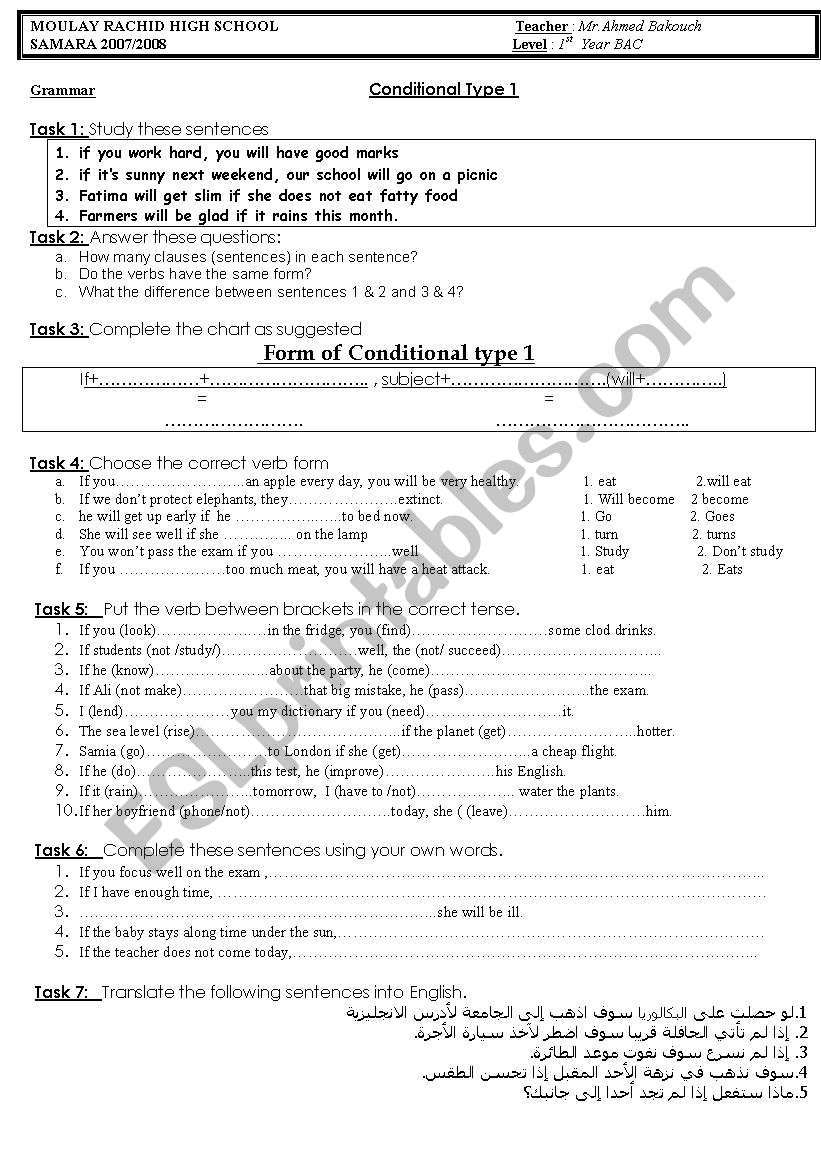 Conditional type 1 worksheet