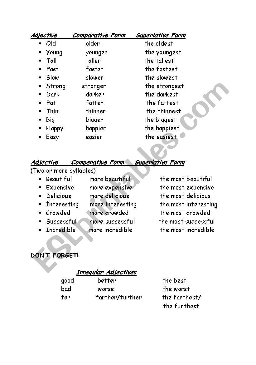 comparatives and superlatives worksheet