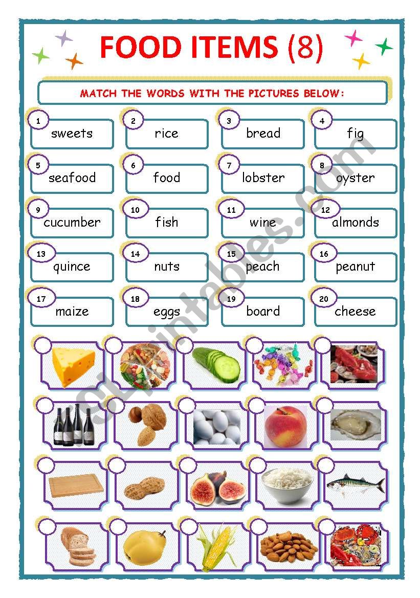 FOOD ITEMS - MATCH - 8 worksheet