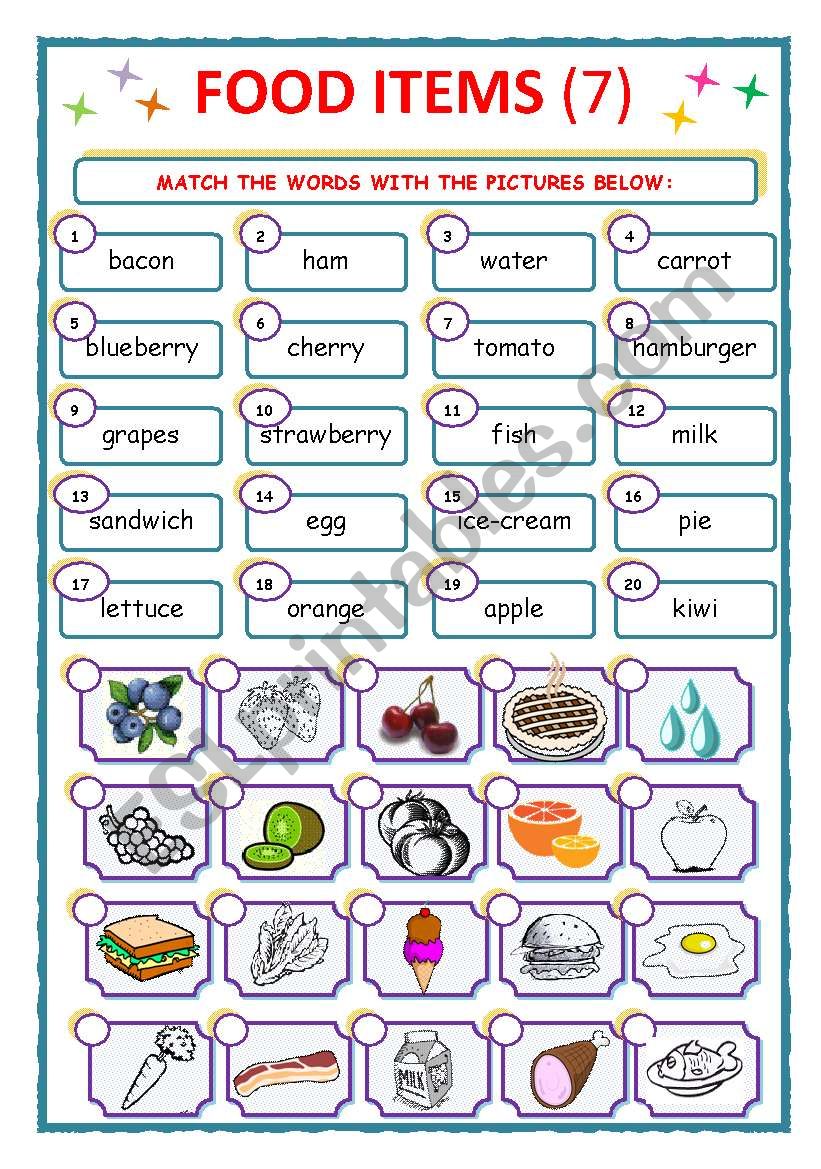 FOOD ITEMS - MATCH - 7 worksheet