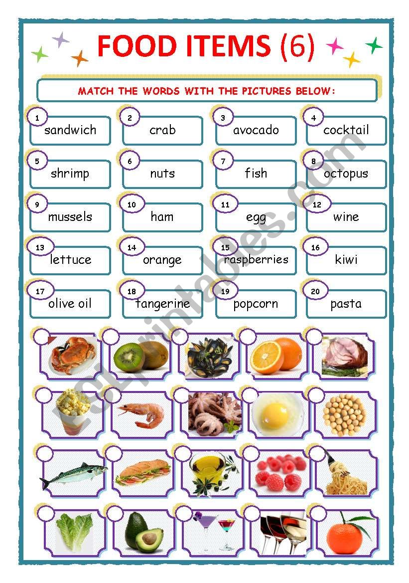 FOOD ITEMS - MATCH - 6 worksheet