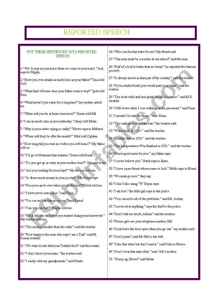 reported speech worksheet