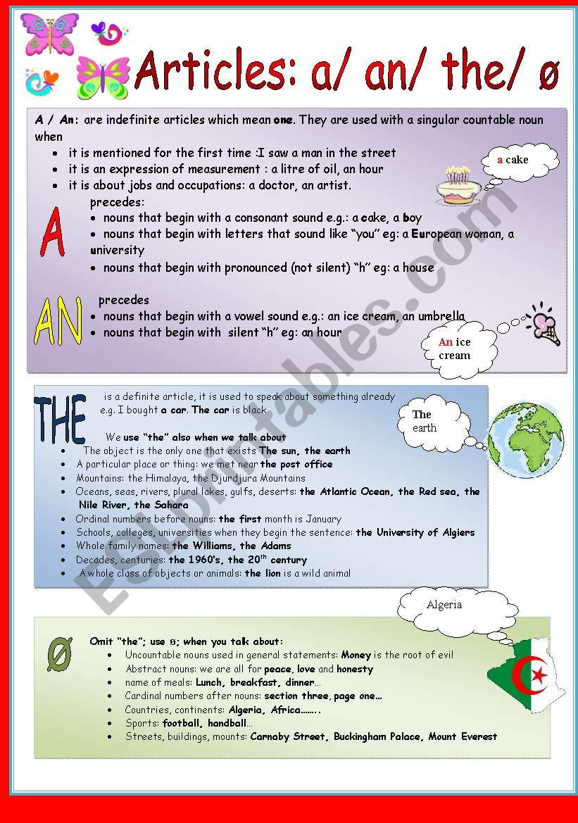 a, an, the & zero article  worksheet