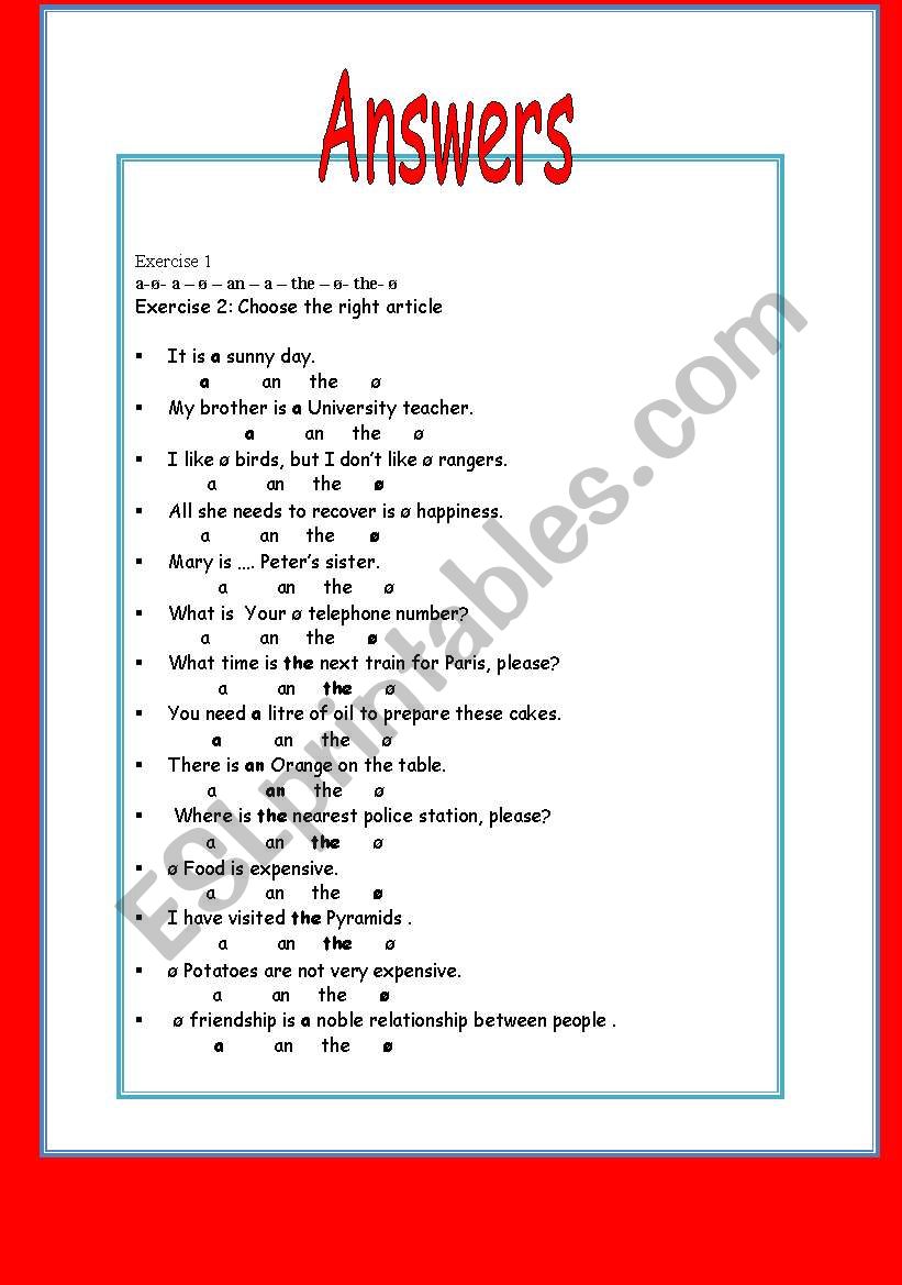 A, An, The & Zero Article - Esl Worksheet By Asmaesperance