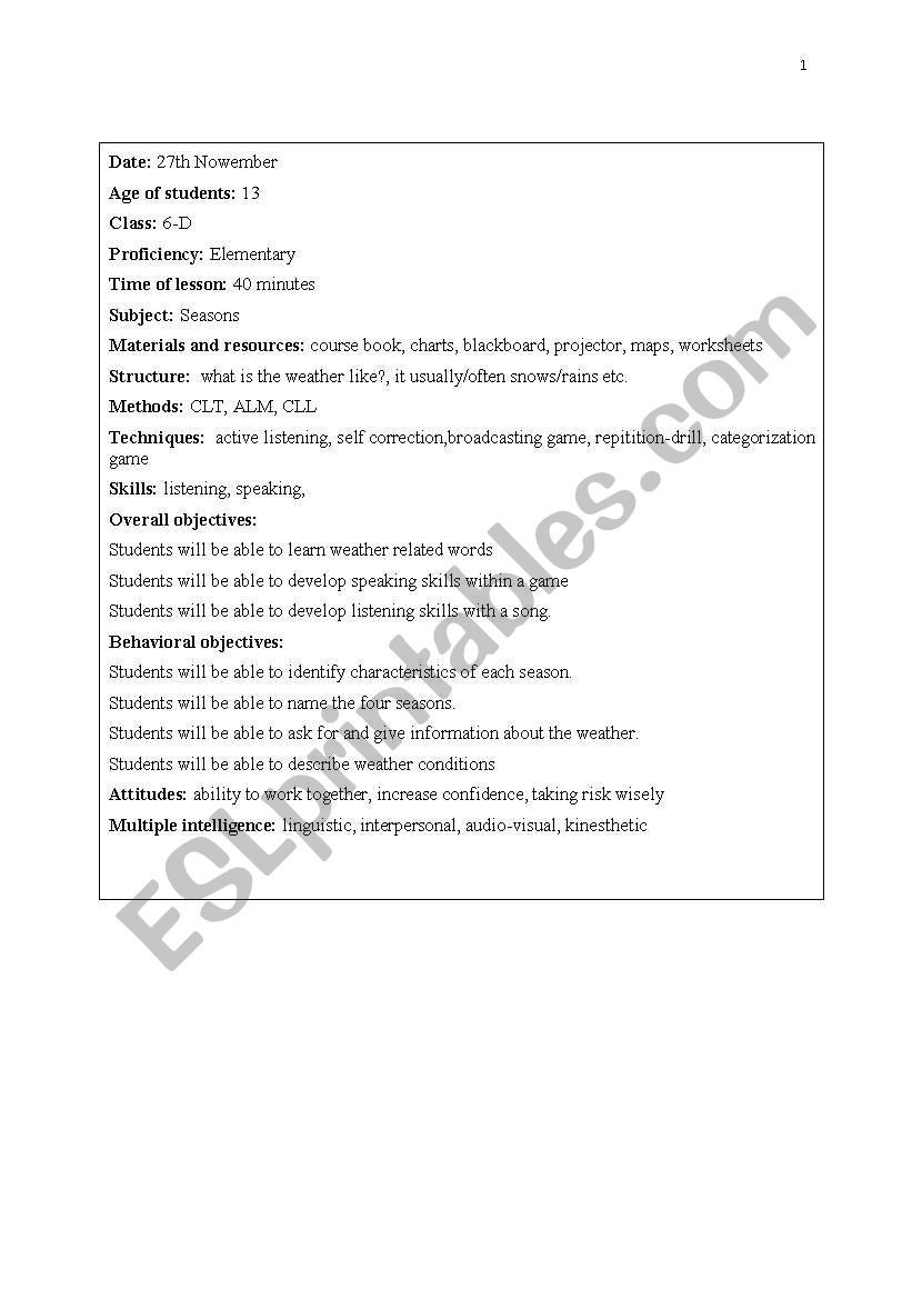 seasons lesson plan worksheet