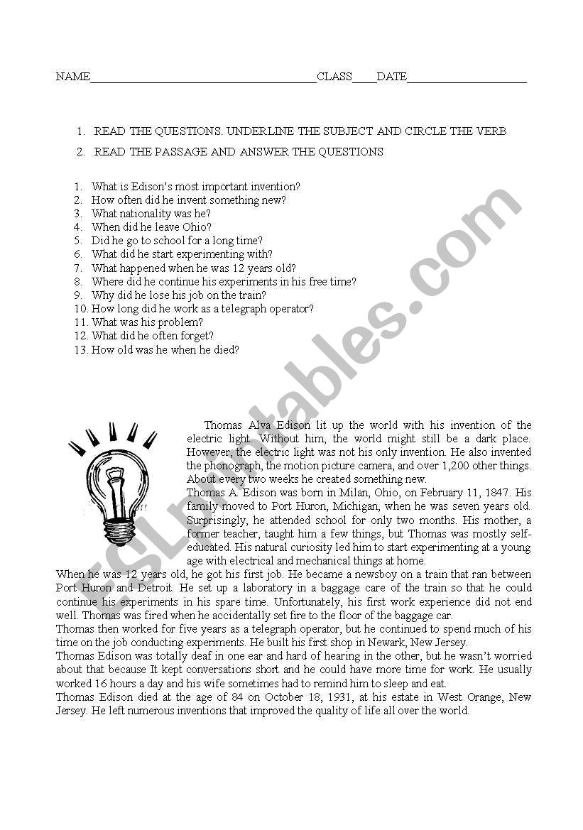 Thomas Alva Edison Biography worksheet