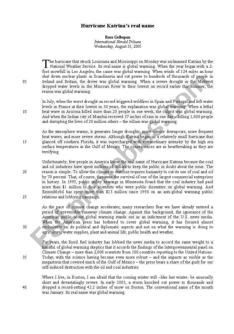 Hurricane Katrina worksheet