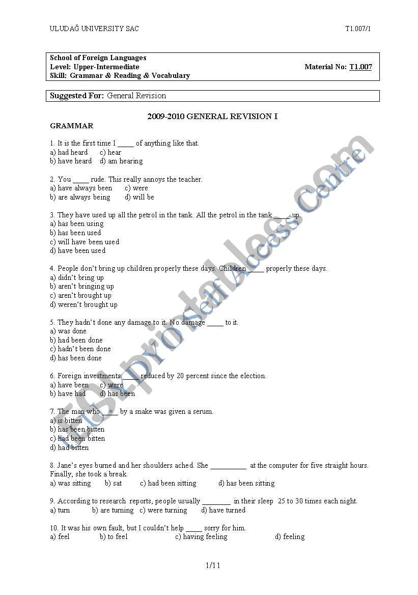 tenses test worksheet