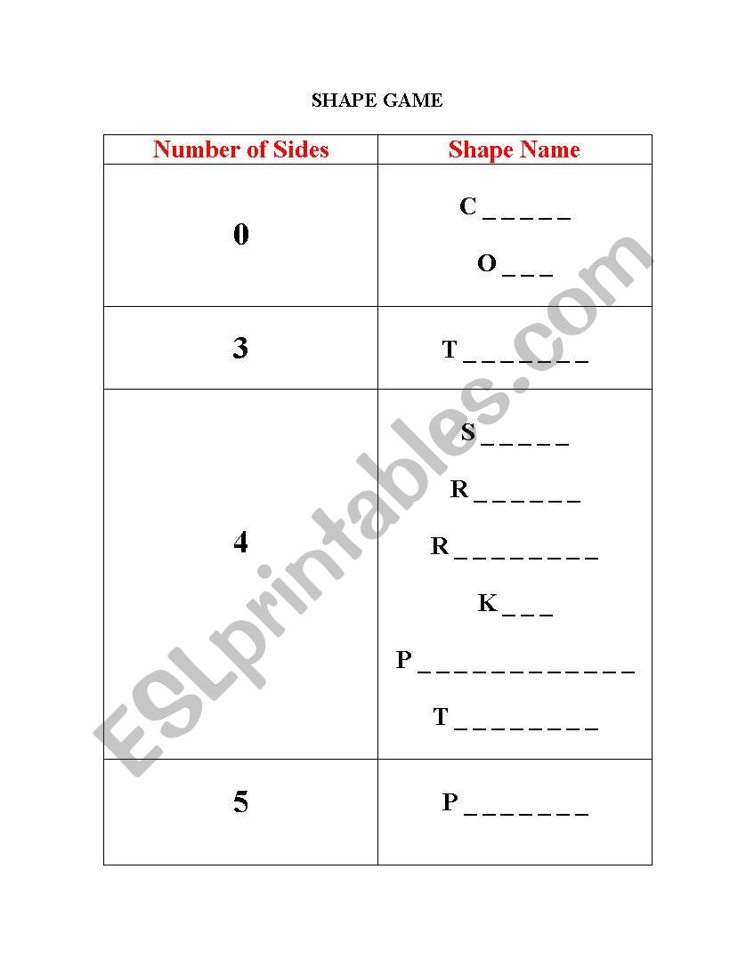 Shapes worksheet