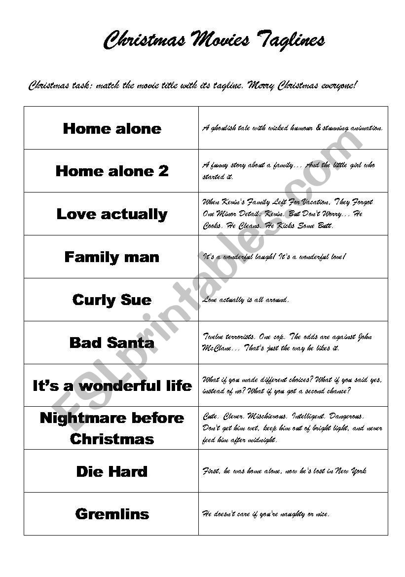 Christmas Movies taglines worksheet