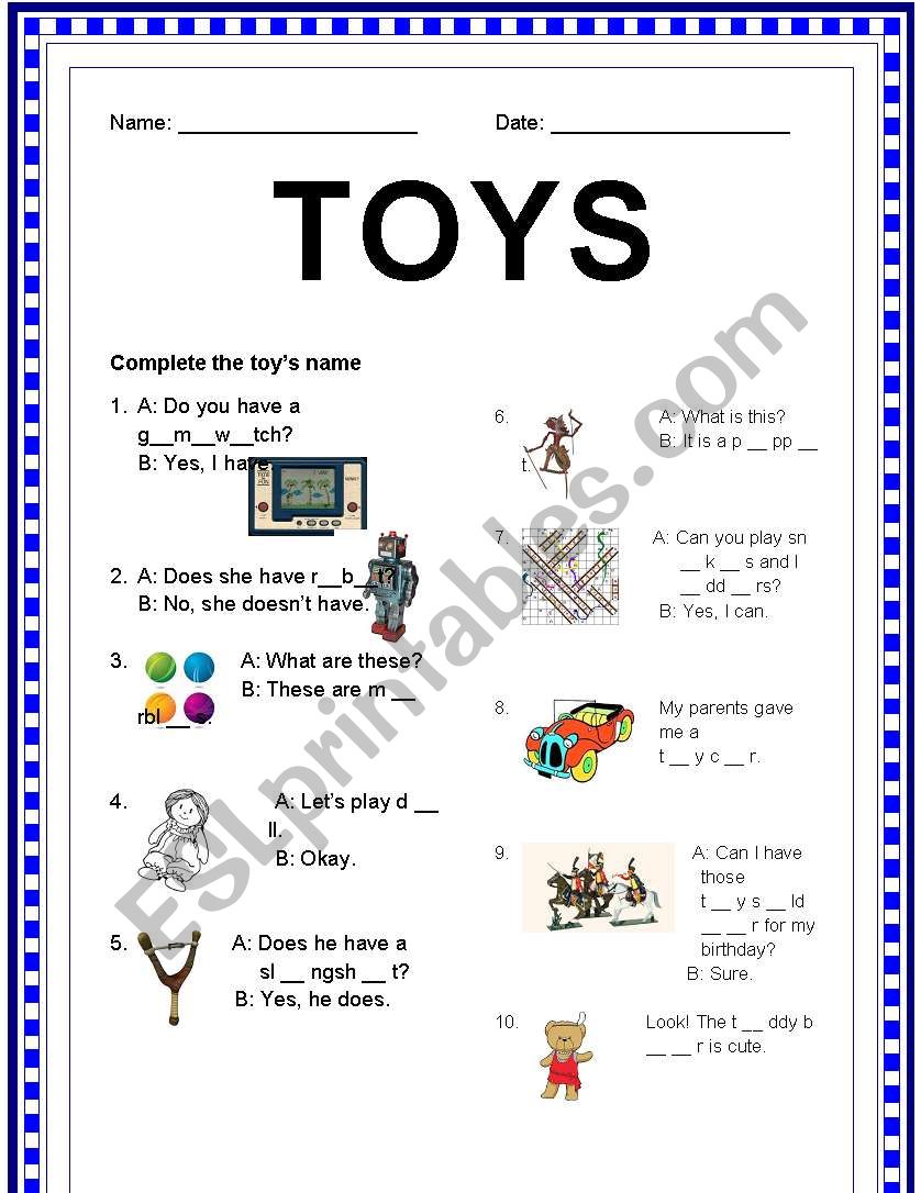 Toys worksheet