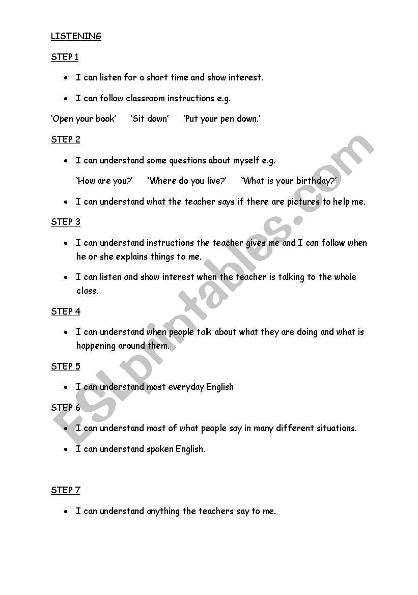 Step levels in student speak worksheet