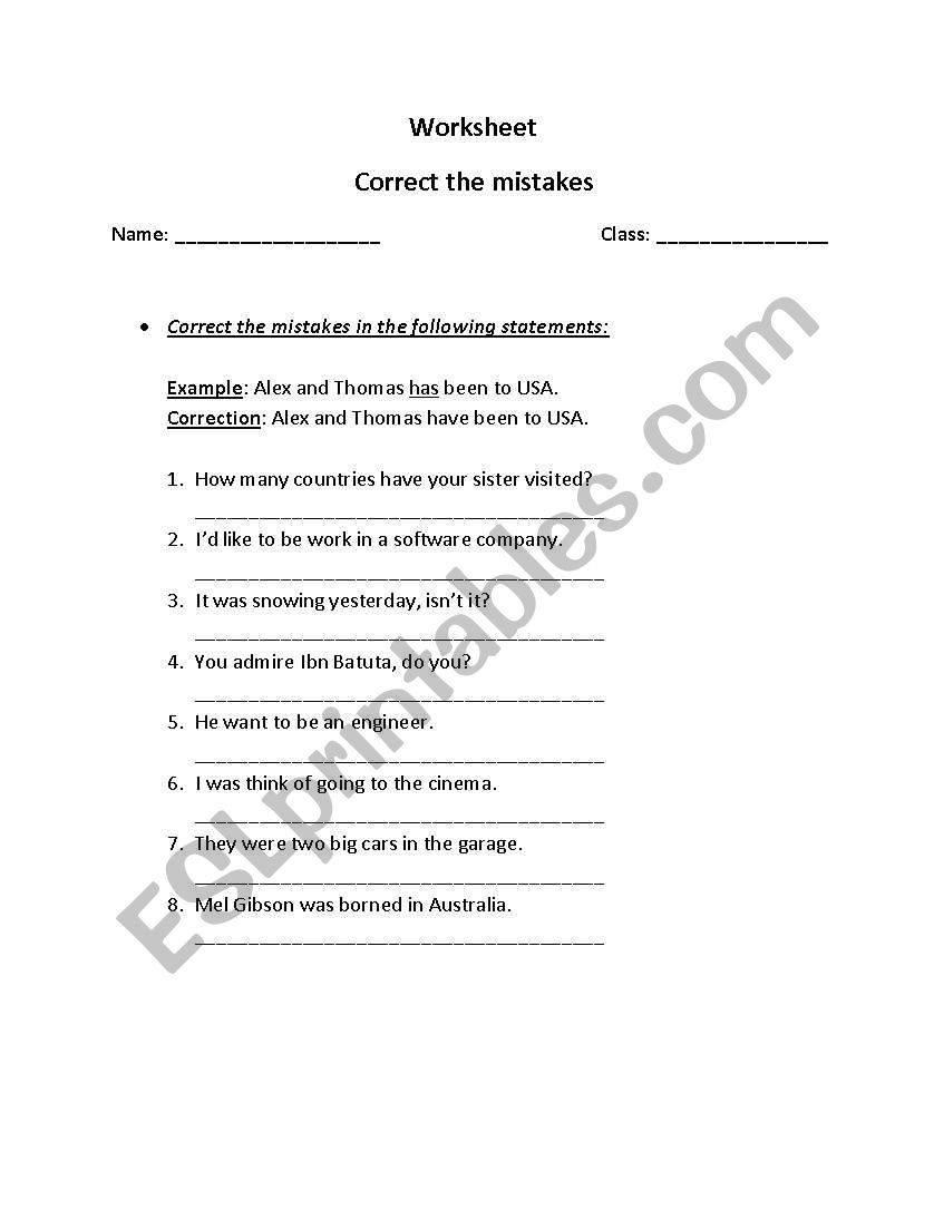 Correct the mistakes worksheet