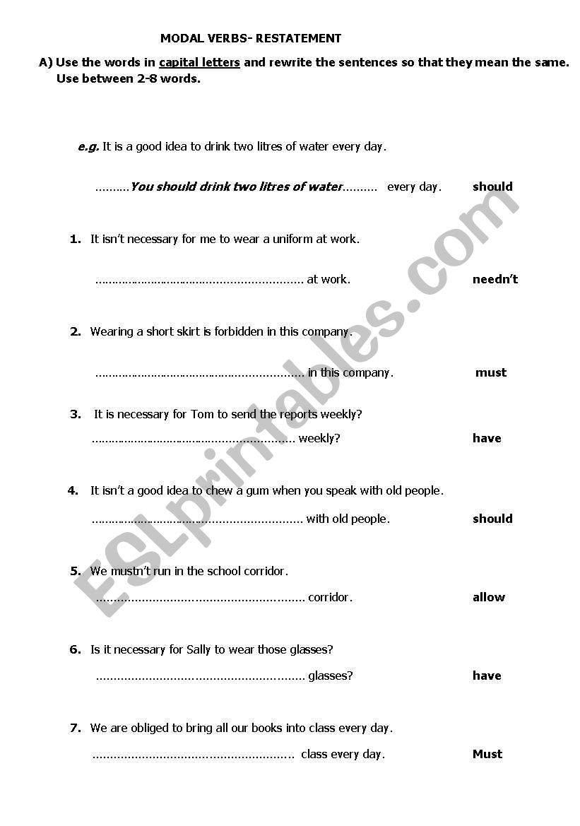 MODAL VERBS-RESTATEMENT worksheet