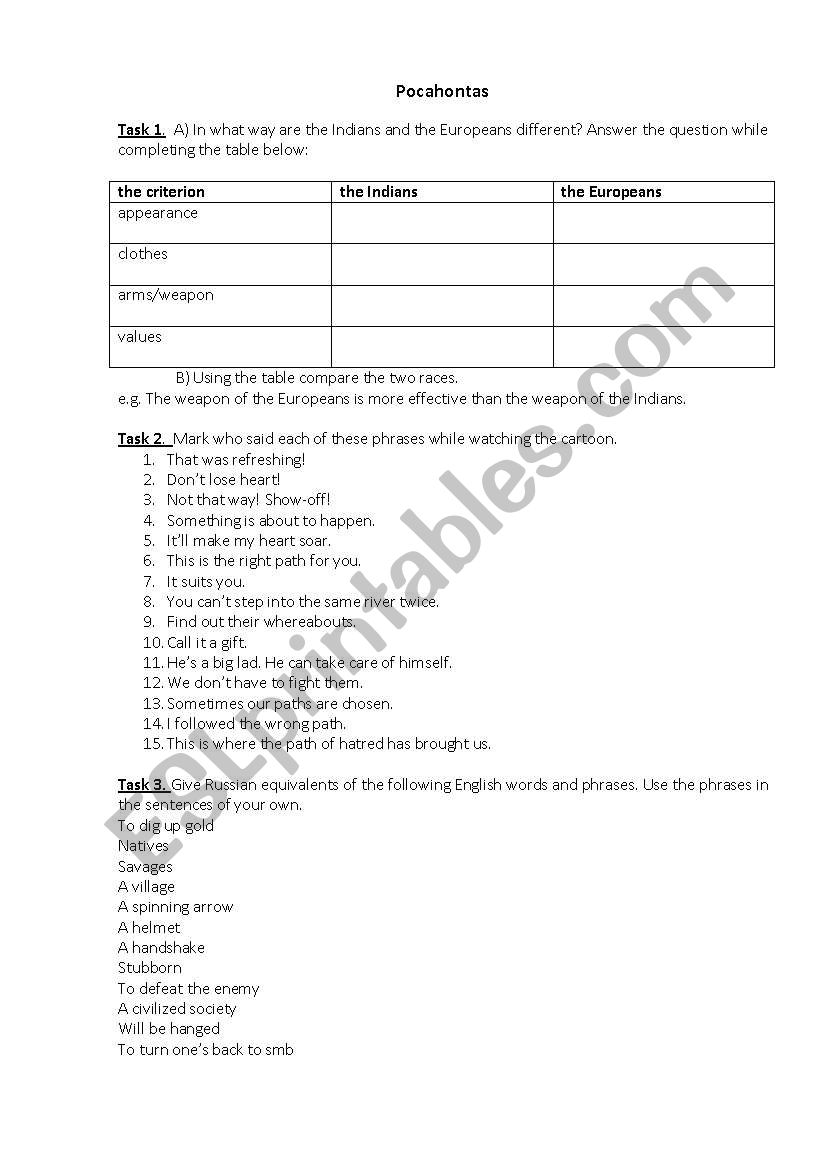 Pocahontas movie worksheet